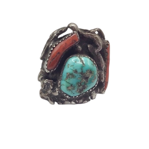 Sz 7, Vintage Ring, Turquoise Coral Sterling Silver Statement Ring - Picture 14 of 16